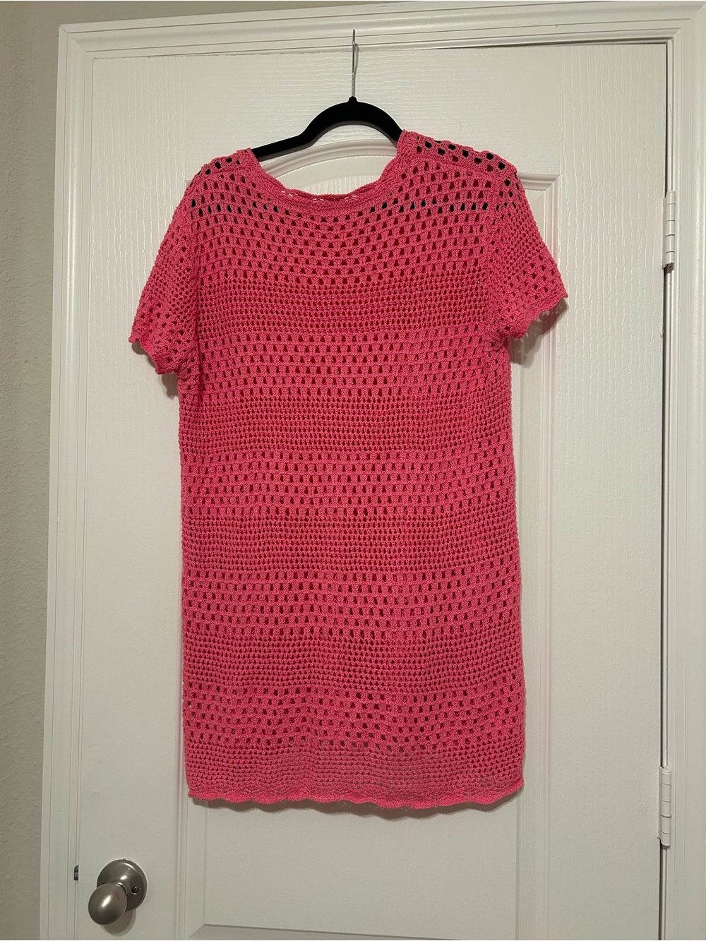Pink Crochet Short Sleeve Cover Up Dress